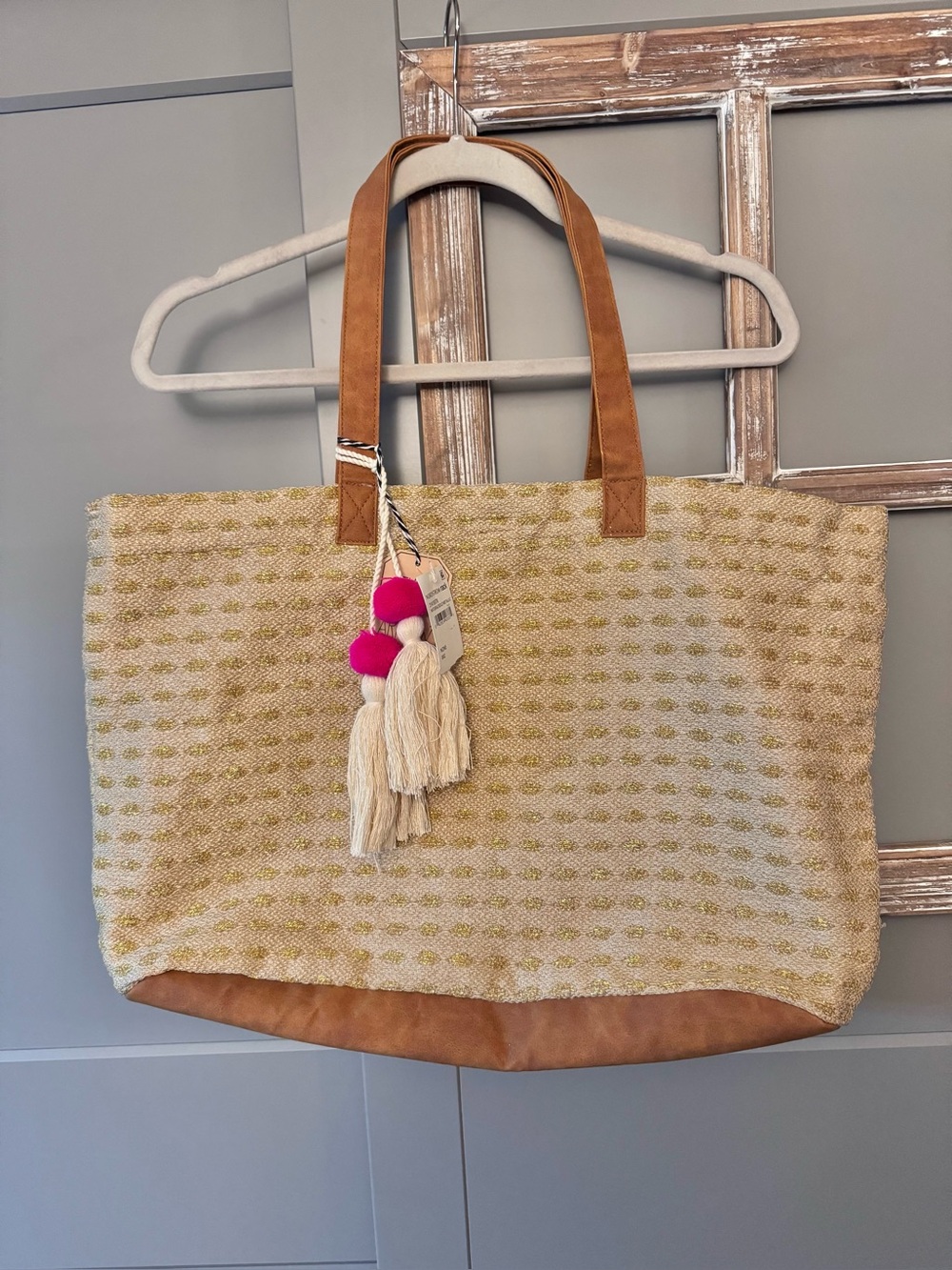 Twig & Arrow Canvas Tote Bag with Leather Trim - Cream and Tan